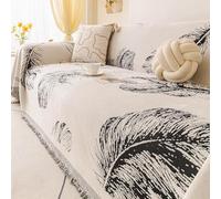 Minimalist Chenille Sofa Throw, all Season Throw Blanket with Tassels | Feather Pattern Sofa Cover, Universal Furniture Protector Cover, Decorative Throw For Chair Bed Coach(Black,180x340cm)