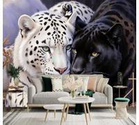 Minimalista Tridimensionale Animali Leopardo Delle Nevi Bianco E Leopardo Nero Abbracciati Moderna Carta Da Parati 3D Seta Pregiata Testurizzata Ideale Per La Camera Letto Del Soggiorno-200cm×140cm