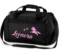 minimutz Borsa sportiva da ragazza con nome, unicorno e stelle che saltano | Borsa da viaggio personalizzata e stampata Duffle Weekender Bag, Nero , 26 litri