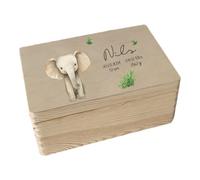 minimutz Cassetta dei ricordi in legno - Personalizzata con nome - Scatola portaoggetti con stampa UV per ricordi d'infanzia - Animali Safari con motivo elefante colorato L (40 x 30 x 13,55 cm)