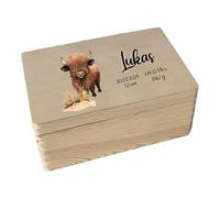 minimutz Cassetta dei ricordi in legno - Personalizzata con nome - Scatola portaoggetti con stampa UV per ricordi d'infanzia - Animali Safari con motivo colorato Manzo di ciottolo M (30 x 20 x 14 cm)