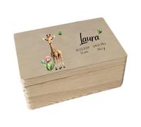 minimutz Cassetta dei ricordi in legno - Personalizzata con nome - Scatola portaoggetti con stampa UV per ricordi d'infanzia - Animali Safari con motivo giraffa colorato M (30 x 20 x 14 cm)