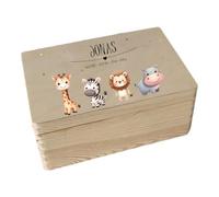 minimutz Cassetta dei ricordi in legno - Personalizzata con nome - Scatola portaoggetti con stampa UV per ricordi d'infanzia - simpatici e colorati animali Safari L (40 x 30 x 13,55 cm)