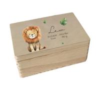 minimutz Cassetta dei ricordi in legno - Personalizzata con nome - Scatola portaoggetti con stampa UV per ricordi d'infanzia - Animali Safari con motivo leone colorato L (40 x 30 x 13,55 cm)