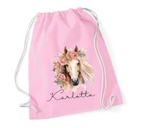 minimutz Sacca da ginnastica per ragazze, cavallo, asilo, sacchetto di stoffa in cotone con nome, zaino con cordoncino per tirare, borsa sportiva per la scuola, borsa per la biancheria Kita (rosa)