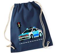 minimutz Sacca da ginnastica per ragazzi da tirare | motivo auto della polizia e semaforo | sacchetto di stoffa per Kita & asilo | sacchetto con cordoncino per biancheria, Blu scuro, 37x41 cm