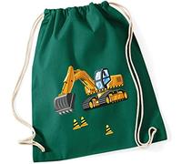 minimutz Sacca da ginnastica per ragazzi | motivo escavatore & cantiere | sacchetto di stoffa in cotone da tirare per bambini | zaino con cordoncino, verde scuro, ca. 37 x 46 cm