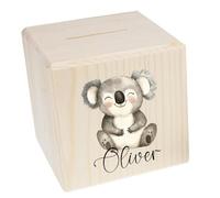 minimutz Salvadanaio in legno per bambini, con scritta in lingua tedesca "Koala" personalizzata, in legno, 10 x 10 cm, con stampa colorata