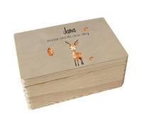 minimutz Scatola dei ricordi colorata in legno - Personalizzata con nome - Contenitore per ricordi d'infanzia - animali della foresta cervo M (30 x 20 x 14 cm)