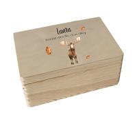 minimutz Scatola dei ricordi colorata in legno - Personalizzata con nome - Contenitore per ricordi d'infanzia - animali della foresta alce M (30 x 20 x 14 cm)