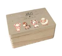 minimutz Scatola dei ricordi in legno - Personalizzata con nome - Scatola portaoggetti con stampa UV per ricordi d'infanzia - simpatici e colorati motivi animali Farmland M (30 x 20 x 14 cm)