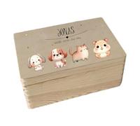 minimutz Scatola dei ricordi in legno - Personalizzata con nome - Scatola portaoggetti con stampa UV per ricordi d'infanzia - simpatici e colorati animali domestici L (40 x 30 x 13,55 cm)