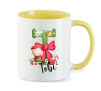 minimutz Tazza di Natale per bambini con nome personalizzato | Tazza da caffè in ceramica per ragazze ragazzi | Tazza da tè da salphabet ABC (giallo)