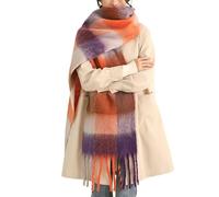 MININAI Sciarpe invernali spesse da donna per il freddo caldo lavorato a maglia spessa sciarpa scozzese lunga grande oversize sciarpe a quadri, Arancione e viola, taglia unica