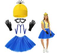 Minions Costume, Costumi di Carnevale, Costume di Halloween per Bambini Adult, 3 PCS Costumi Halloween con Occhiali, Berretto Giallo, Abito Blu, Bretelle, Guanti, Cosplay Costume da Donna Uomo Bambino