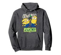 Minions Who Needs Luck Felpa con Cappuccio, Unisex per Adulti, Grigio Scuro, S