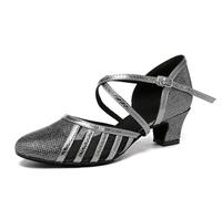 MINITOO Scarpe da ballo da donna glitterate salsa tango sala da ballo latina t-Strap chiuso dita dei piedi, L2044 nero, tacco da 5 cm, 39 EU