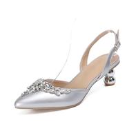 MINITOO Scarpe da sposa comode da donna con tacchi Slingback sera party décolleté, H011 Silver Applique, 36 EU