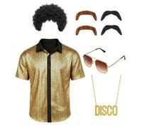minkasic Set da discoteca anni '70, costume hippie da uomo, con top, occhiali, barba finta, collana, parrucche, carnevale, anni '50, 60, 70, cosplay, Halloween, feste (oro, L)