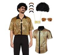 minkasic Set di 5 camicie da uomo anni '70, con accessori da discoteca, parrucca, occhiali da sole, collana da discoteca con barba finta, costume da Abba, set per feste in maschera anni '60 e '70 (oro