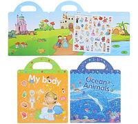minkissy 3 set Libro Adesivi Riutilizzabili DIY Sticker Book Educativo con Temi Corpo Oceano e Principesse Adesivi Attacca e Stacca per Cameretta e Apprendimento Divertente