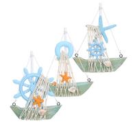 minkissy Decorazione in Legno Massello a Forma di Barca a Vela Vintage 3 Pezzi Anello Salvagente e Stella Marina, Ornamento da Parete per Soggiorno e Ufficio in Stile Costiero