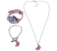 minkissy Orologio da Polso Ragazza con Farfalle Cinturino e Collana Coordinata Rosa Elegante e Confortevole per Bambine e Donne Materiale Resistente e Design Traspirante