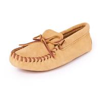 Minnetonka Mocassino da uomo in pelle con lacci e suola in pelle morbida, marrone chiaro, 13 Wide
