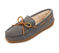 Minnetonka Women’s Hardsole Pile-Lined Moccasin Slippers, Charcoal, 7 M