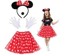 Minnie Costume Ragazza, 4 Pcs Costume Orecchie Mouse Ragazza, Rosso Tutù di Minnie + Fascia per Orecchie da Topo + Guanti Bianchi + Naso Nero per Feste in Maschera, Carnevali, Costume Halloween