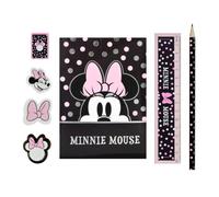 Minnie Mouse Astuccio 7 Pezzi Cancelleria Set Riempito, Rosa Nero | Set da 7 pezzi, astuccio imbottito, rosa e nero, motivo Minnie Mouse, set di cancelleria