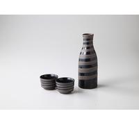 Mino Oggetto Giapponese Ceramica Sake Coppa E Bottiglia Set Di 3 Nero Spirale