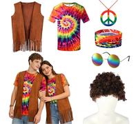 Mino Plus hippie per uomo e donna,set di costume hippie anni '60 anni '70,Gilet Nappa,costume hippie hippie da uomo e da donna,parrucca per occhiali, collana per carnevale, cosplay, feste (M)