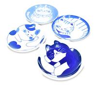 Mino Ware Japanese Mini Side Condiment Plate, Sushi Soy Sauce Fruit Cake, NEKOCHIGURA Cat Design, 3.9 inch, 4 Pattern Set