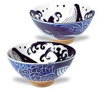 Mino Ware Japanese Rice Bowl, Rice Ramen Noodle Soup Sarada Pasta, Wave Whale Chawn, 4.6 inch 10oz Set of 2