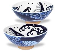 Mino Ware Japanese Rice Bowl, Rice Ramen Noodle Soup Sarada Pasta, Wave Whale Chawn, 5.7 inch 17.5oz Set of 2