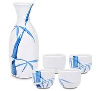 Mino Ware Traditional Japanese Sake Set, Tokkuri Bottle and 4 Ochoko Cups, White Nashijidake