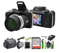 MINOLTA MN53Z - Fotocamera digitale Bridge FHD da 16 MP / 1080p, con zoom ottico 53x, con scheda di memoria da 32 GB, borsa per camara, kit di pulizia, treppiede per vlogging e accessori