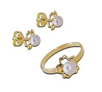 Minoplata Set Orecchini e Anello Prima Comunione Fiore in Argento Dorato e Perle coltivate, Mediano, Argento sterling, Perla coltivata
