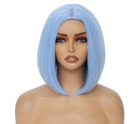 MINSEEYOO Parrucca a caschetto blu chiaro da donna, 30,5 cm, parrucca sintetica resistente al calore, con riga centrale, per cosplay, feste, Halloween