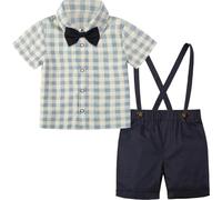 mintgreen Bambino Ragazzo Gentiluomo Tenuto Set Manica Corta Fiocco Camicie Spalline Un Pantaloni Costume da Matrimonio, Taglia: 1-4 Anni, Blu Plaid, 2-3 anni