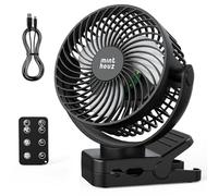 Minthouz Ventilatore Portatile USB Ricaricabile 12000mAh con Clip e Telecomando, 45H di Autonomia, Silenzioso, 3 Velocità, Luce LED, Rotazione a 360°, Timer, per Scrivania, Campeggio e Passeggino