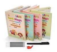 MINtile Sank Magic Practice Copybook, (4 Book + 10 Refill) Number Tracing Book for Preschoolers with Pen, Magic Calligraphy Copybook Set Practical Reusable Writing Tool Simple Hand Lettering