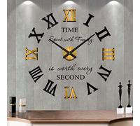 Mintime Grande Orologio da Parete Desivo con Numeri Romani 3D a Specchio Muto Decorazione per casa e ufficio da Montare come vuoi (Nero Oro)