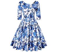 MINTLIMIT Abito da donna vintage vintage anni '50 da cocktail party con maniche a 3/4, Floreale Blu Bianco, M