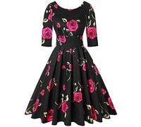 MINTLIMIT - Vestito da donna a maniche corte, stile vintage anni '50, stile retrò, per cocktail e feste Rosa floreale nera. XXL