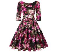 MINTLIMIT - Vestito da donna stile vintage anni '50, per cocktail party a maniche 3/4 Floreale nero fucsia. XL