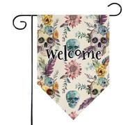 Mintoprints Bandiera da giardino con teschio, 30,5 x 45,7 cm, double-face, motivo scheletro, tropicale, fiore, piuma, losanga, cortile, bandiera decorativa per esterni