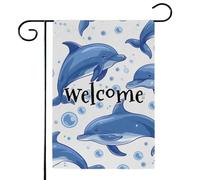 Mintoprints Bandiera da giardino di benvenuto con delfino blu, 30,5 x 45,7 cm, doppia faccia, bandiera da giardino con animali marini, decorazione per esterni