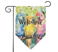 Mintoprints Bandiera da giardino di benvenuto con uccello, 30,5 x 45,7 cm, double-face, colorata, tropicale, uccello, pappagallo, losanga, cortile, bandiera decorativa